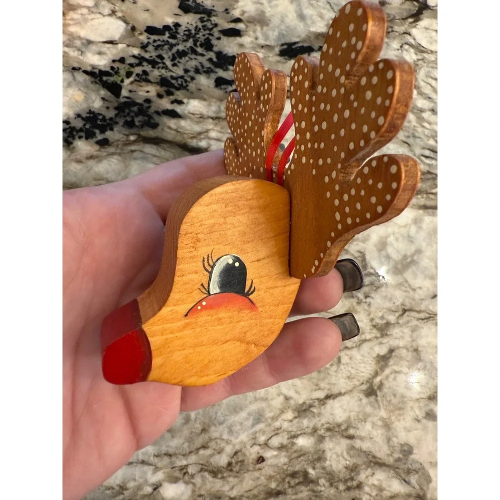 Vintage‎ Wooden Reindeer Ornament Cute Christmas Tree Rudolph Holiday Decor